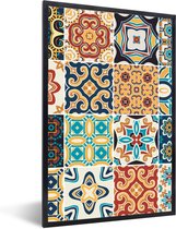 Fotolijst incl. Poster - Bloemen - Vintage - Patroon - Blauw - Oranje - 40x60 cm - Posterlijst