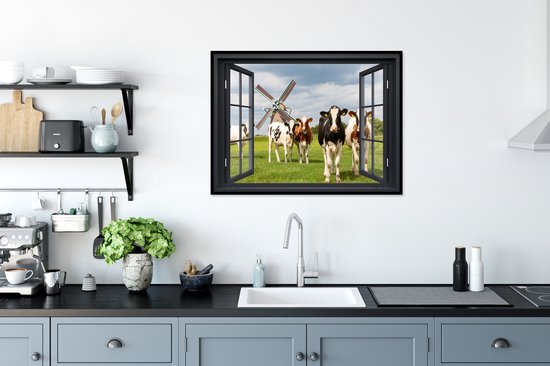Poster in lijst - Fotolijst 80x60 cm - Posters - Doorkijk - Koe - Molen - Koeien - Weiland - Gras - Groen - Posterlijst zwart - Decoratie - Wanddecoratie woonkamer - Muurdecoratie slaapkamer