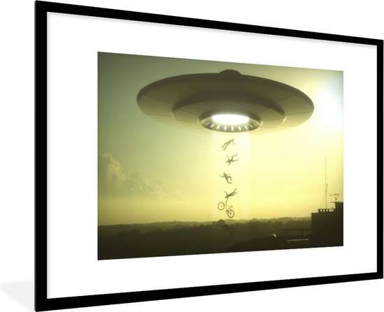 Cadre photo - Une illustration d'un OVNI qui kidnappe des personnes Cadre photo noir avec passe-partout blanc xxl 120x80 cm - Affiche sous cadre (Décoration murale salon / chambre)