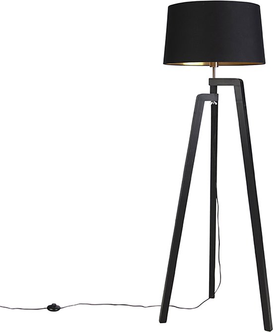 QAZQA puros - Landelijke Dimbare LED Smart Vloerlamp | Staande Lamp met kap incl. wifi met Dimmer - 1 lichts - H 153.5 cm - Zwart Goud - Woonkamer | Slaapkamer | Keuken