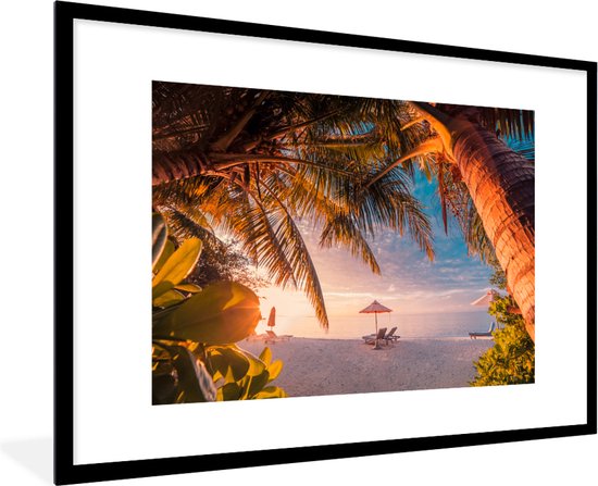 Image Parasols avec chaises sur cadre photo plage noir avec passe partout blanc 80x120 120x80 cm - Affiche encadrée (Décoration murale salon / chambre) / Mer et plage