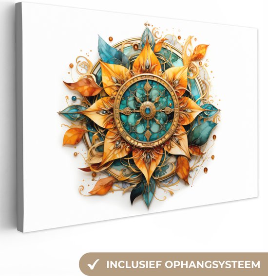 Tableau sur toile 140x90 cm - Décoration murale Mandala - Blauw - Or - Boussole - Wit - Décoration murale salon - Décoration chambre - Accessoires chambre - Peintures