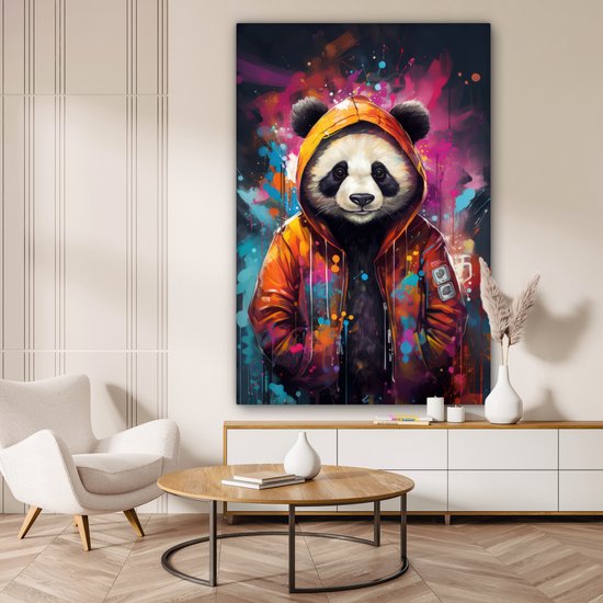 Tableau sur toile Panda - Manteau - Graffiti - Oranje - 120x180 cm - Décoration murale XXL