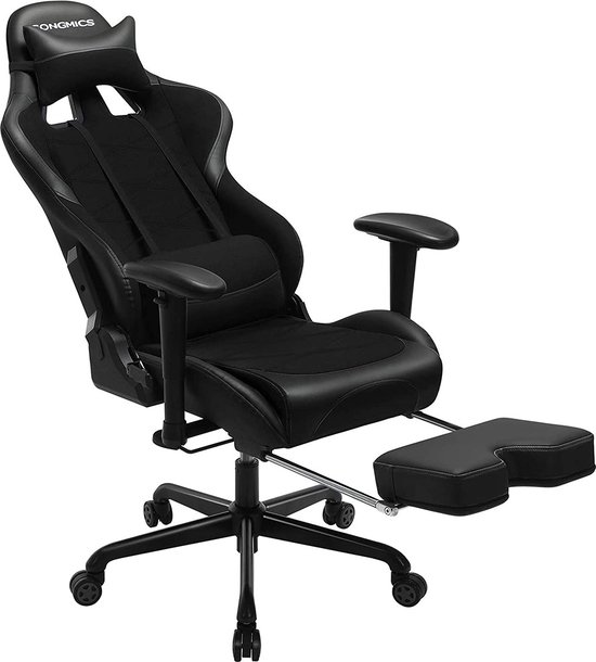 Gamestoel - Bureau stoel - Kantelbaar - Met rugkussen en voetenbankje - Zwart