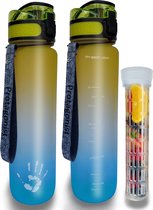 Drinkfles, Tritan Bottle, 1 l, BPA-vrij, waterfles voor sport, fitness, fiets, outdoor en universiteit, licht, onbreekbaar, duurzaam + soft-touch + fruithouder (blauw-geel)