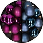 Decoris - kerstballen 24x st - mix donkerblauw/paars - 6 cm - kunststof - kerstversiering