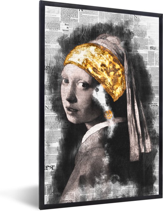 Fotolijst incl. Poster - Meisje met de parel - Johannes Vermeer - Krant - Goud - 20x30 cm - Posterlijst