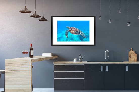 Affiche avec cadre Tortue - Mer - Blauw - 90x60 cm