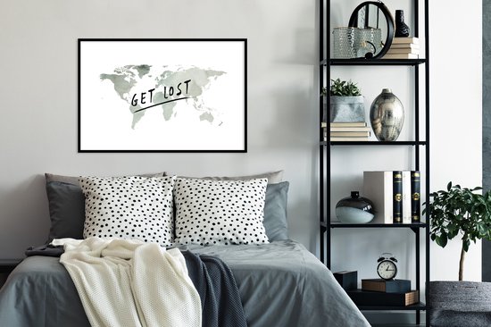 Wereldkaart de l'aquarelle grise avec la citation Get résolu dessus 90x60 cm