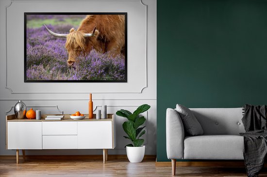 Fotolijst incl. Poster - Schotse Hooglander - Lavendel - Horens - 120x80 cm - Posterlijst