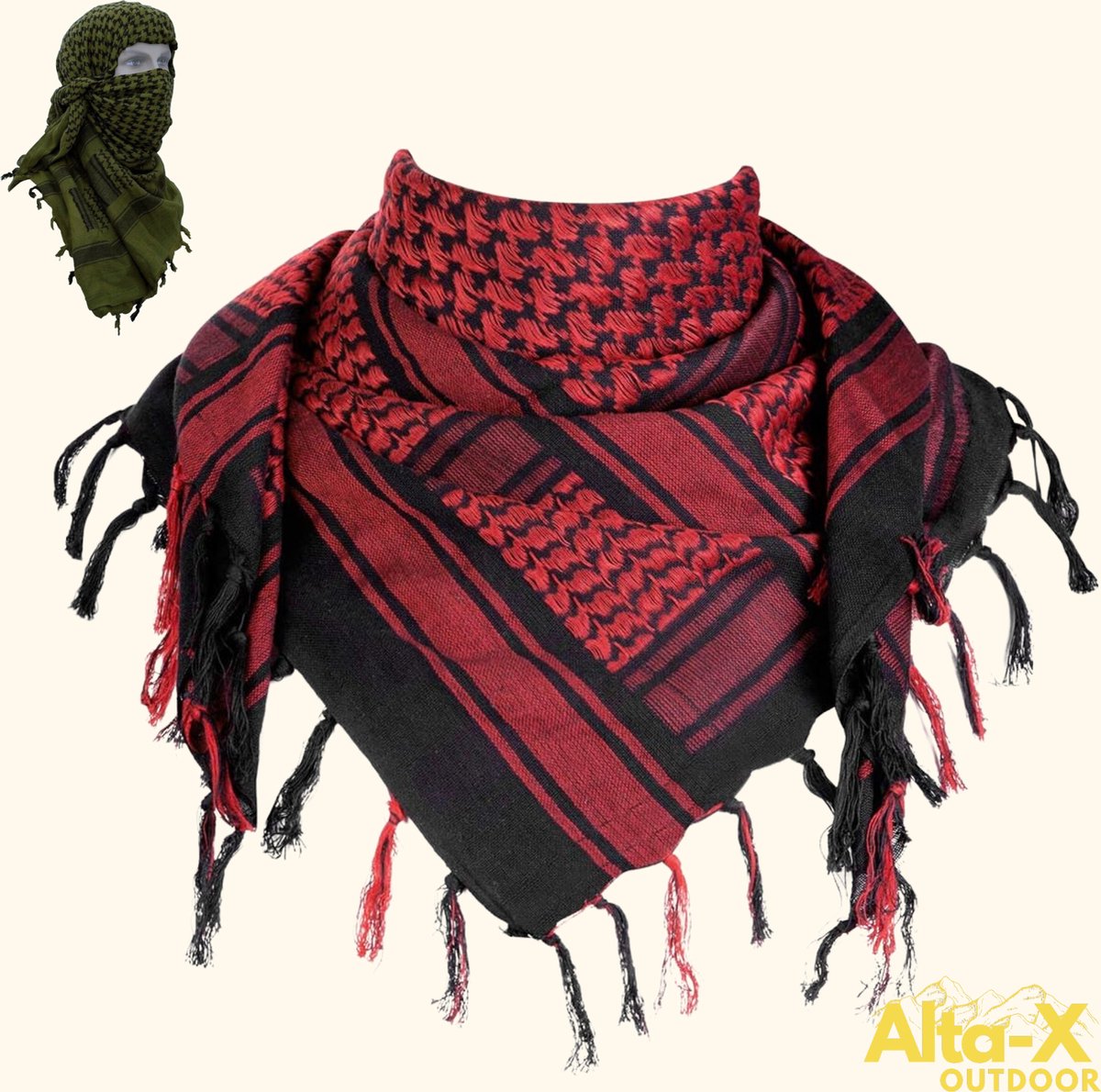 Alta-X - Shemagh Rood 100% katoen - Desert sjaal - PLO Sjaal - Arafat Sjaal Zwart/Groen - Oosterse sjaal - Leger Sjaal