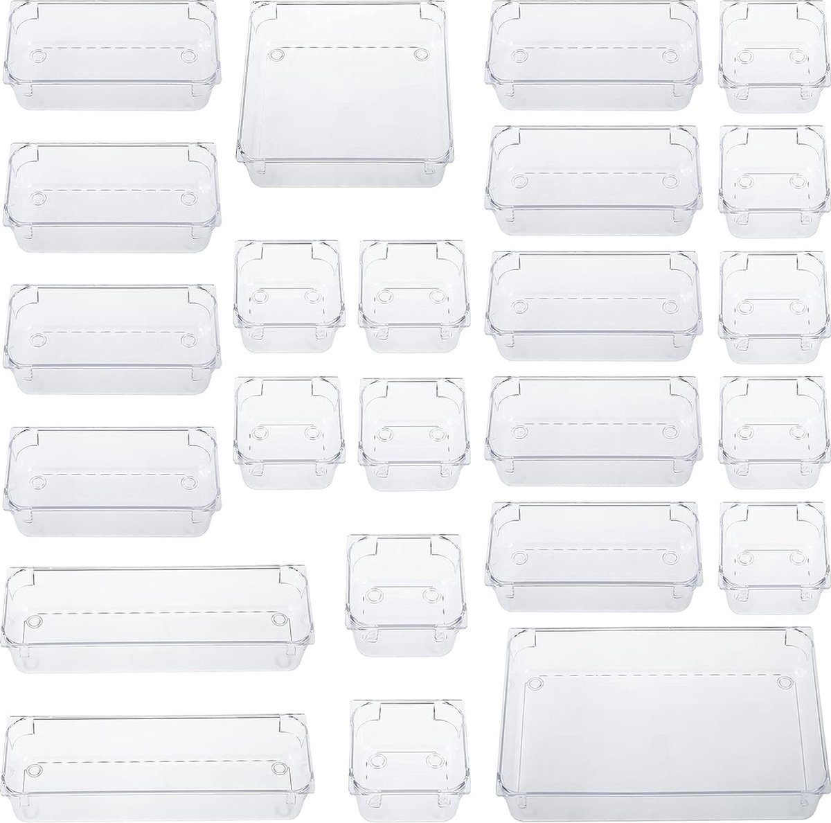 Goedkoopste Set van 24 stuks, 5 maten, aparte lade-organizer, organisatiesysteem, kunststof opbergdozen, lade-inzetbakje voor make-up, cosmetica, kaptafel, kantoor, keuken