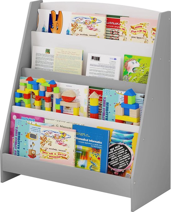 Lestarain Boekenkast voor kinderen, kinderrek met 4 niveaus, opbergrek voor boeken, rek voor kinderkamer, kleuterschool, met kantelbeveiliging, van MDF- hout, 80 x 12 x 118 cm, wit