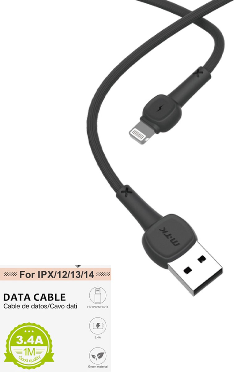 USB naar Lightening oplaad kabel | Opladkabel geschikt voor iPhone X/12/13/14 3.4A 1Meter - Zwart kleur (2 stuks)