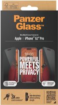 PanzerGlass - Screenprotector geschikt voor Apple iPhone 15 Pro Glazen | PanzerGlass Ultra-Wide Fit Screenprotector Privacy - Case Friendly + Installatie Frame