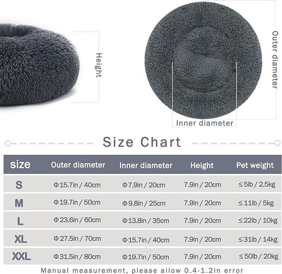 Hondenbed Kattenbed Fluffy Rond Gemaakt van Pluche - Donut Knuffelbaar Hondenkussen Hondenmand Wasbaar S/M/L/XL/XXL voor Kleine, Middelgrote en Grote Honden, Katten en Andere Huisdieren