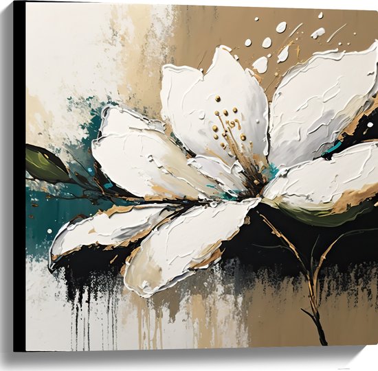 Canvas - Geschilderde Witte Bloem met Bruin, Groen en Witte Achtergrond - 60x60 cm Foto op Canvas Schilderij (Wanddecoratie op Canvas)