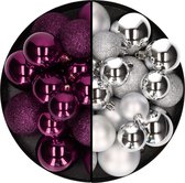 Boules de Noël 60x pièces - mélange argent/violet - 4-5-6 cm - plastique - Décorations de Noël