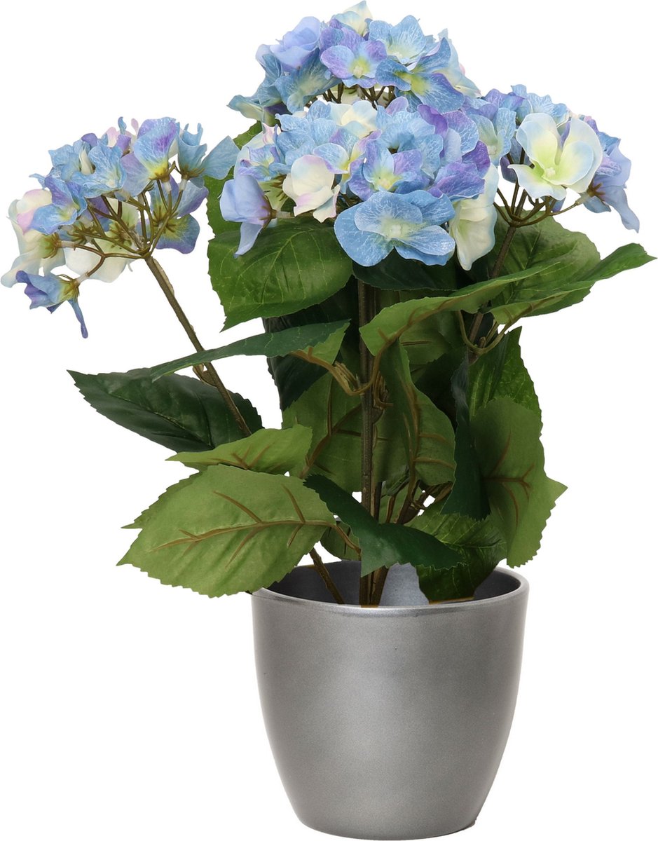 Hortensia kunstplant met bloemen blauw - in pot metallic zilver - 40 cm hoog