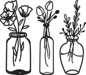 3 pcs fleurs en métal décoration murale vase minimaliste art mural tulp noire fil de fer décoration fleurs sculpture murale pour cuisine, salle de bain, salon (élégant, aimer, manger)