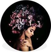 Wandcirkel vrouw - Bloemen - Roze - Portret - Muurcirkel binnen - Wanddecoratie woonkamer - Ronde schilderijen - Muurdecoratie cirkel - Woonaccessoires - 60x60 cm - Wandbord rond - Rond schilderij – Muurcirkels