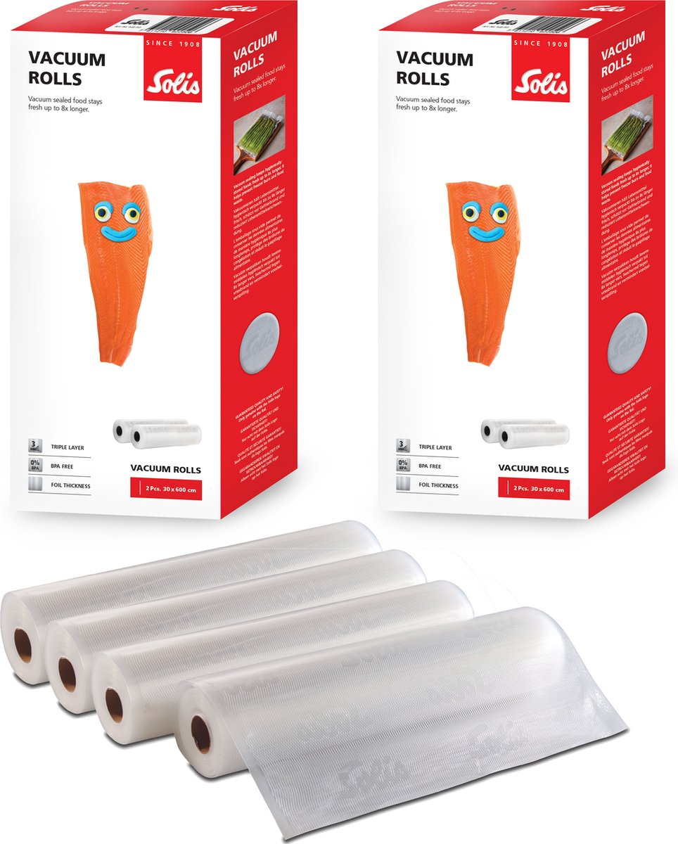 Solis Vacuumrollen 30 x 600 cm - Geschikt voor Diepvries, Magnetron en Sous Vide Koken - BPA-Vrij - Drielaags Vacuum Rollen - Vacuumfolie Rollen - 4 Stuks