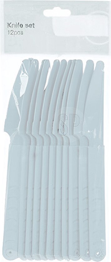 Un emballage de douze couteaux blancs en plastique, avec le texte 'Knife set 12pcs'.