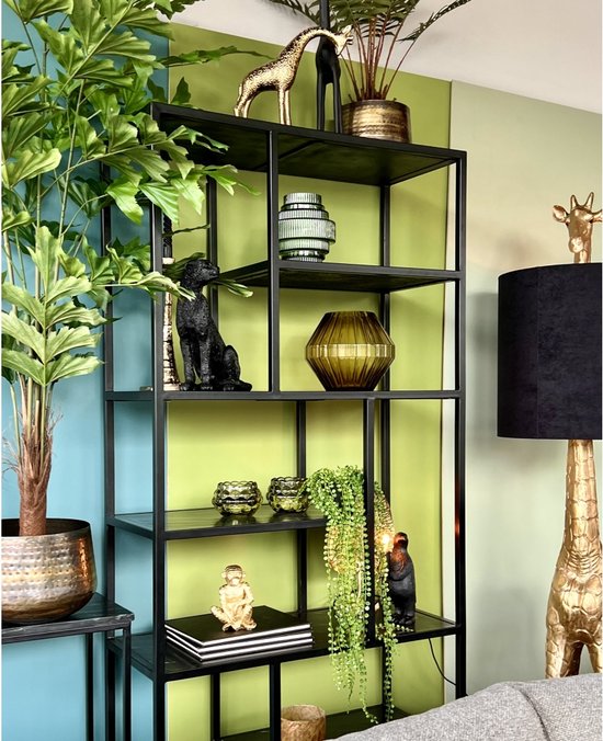 Zwarte boekenkast gevuld met decoraties, planten en vazen in verschillende kleuren.