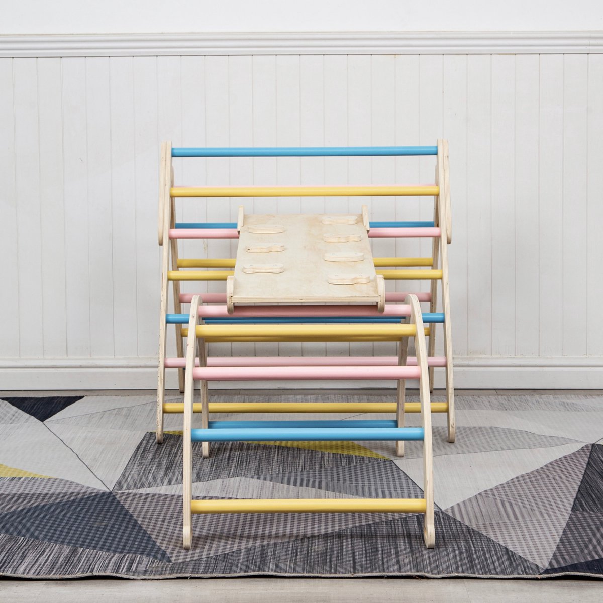 Buxibo XXL Klimrek - Opvouwbare Driehoek + Klimboog + Helling met Glijbaan - Montessori Meubels Houten Speelgym - Pastel - 210x83x81cm — afbeelding 9