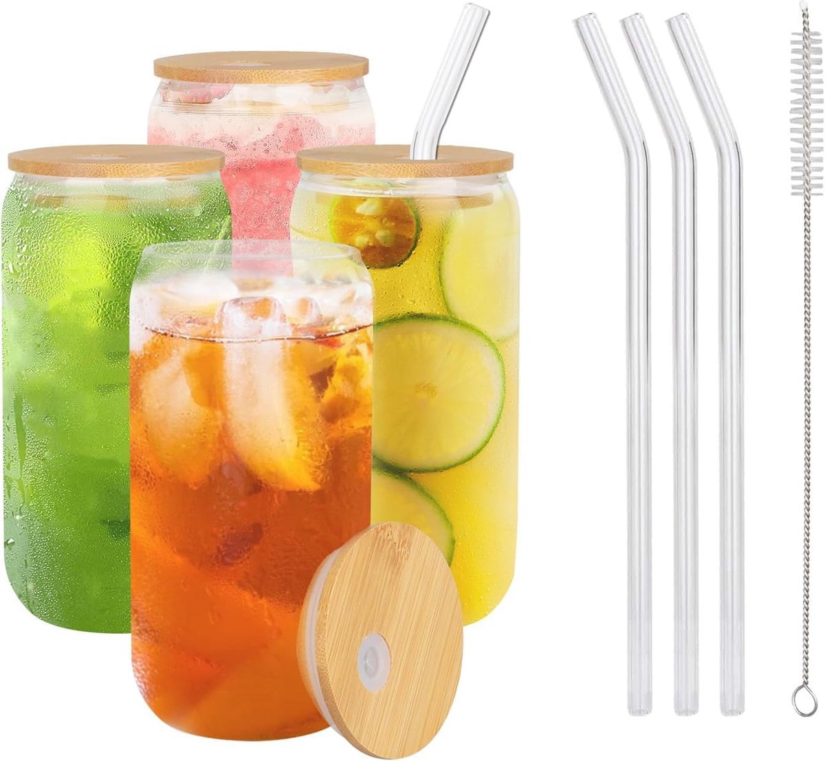 Set de 4 verres à cocktail, verres striés 350 ml, verre à long drink avec  couvercle