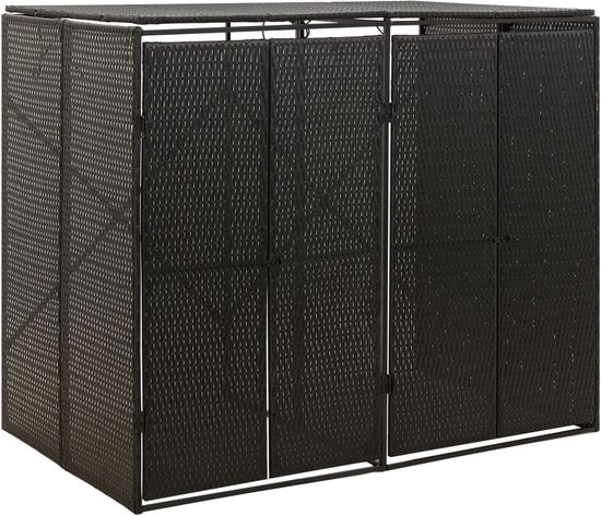 Zwarte polyrotan containerberging met drie deuren.