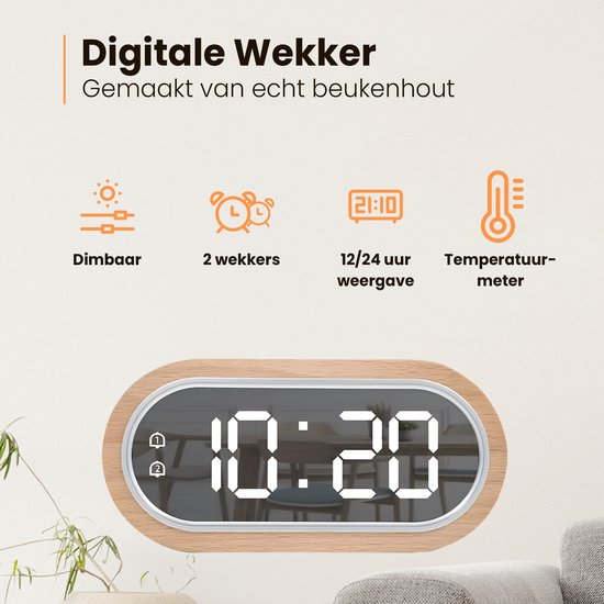 Veroa Houten Digitale Stille Wekker Met Licht, Digitale Wekker 3 Alarmen Nachtkastje Mains Aangedreven, Vier Niveaus Dimmen Led Wekker met Temperatuur en Kalenderweergave