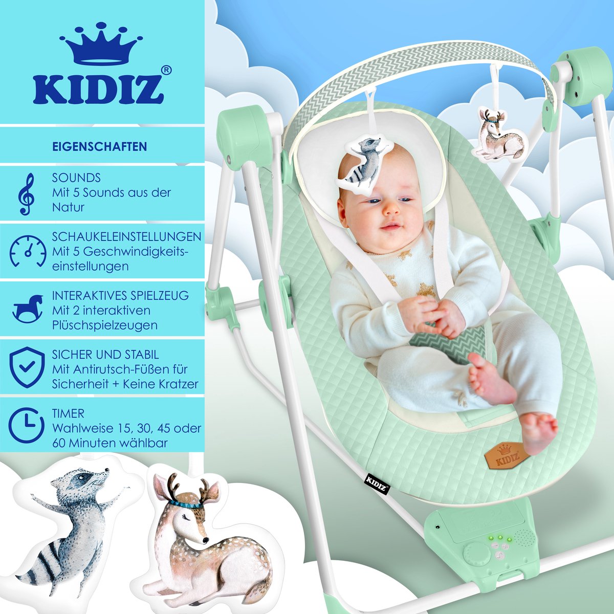 KIDIZ Wipstoel Baby Elektrisch Babyschommel tot max 9kg - Mintgroen thumbnail 4