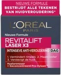 Doosje L'Oréal Paris Revitalift Laser X3, met tekst 'Nieuwe formule' en 'Intensieve anti-veroudering dag'.