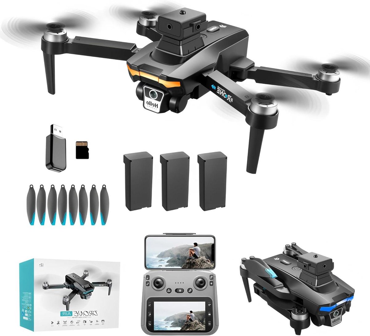 GPS Drone - Vliegende Camera - Luchtopnames Maken - 360 Graden Obstakelvermijding - 69 Minuten Vliegtijd - Nacht Zwart
