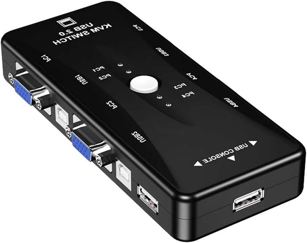 KVM Switch - Computer Switcher - Meerdere PC's Besturen - Drukknop Selectie - 4 Poorts - Zwart
