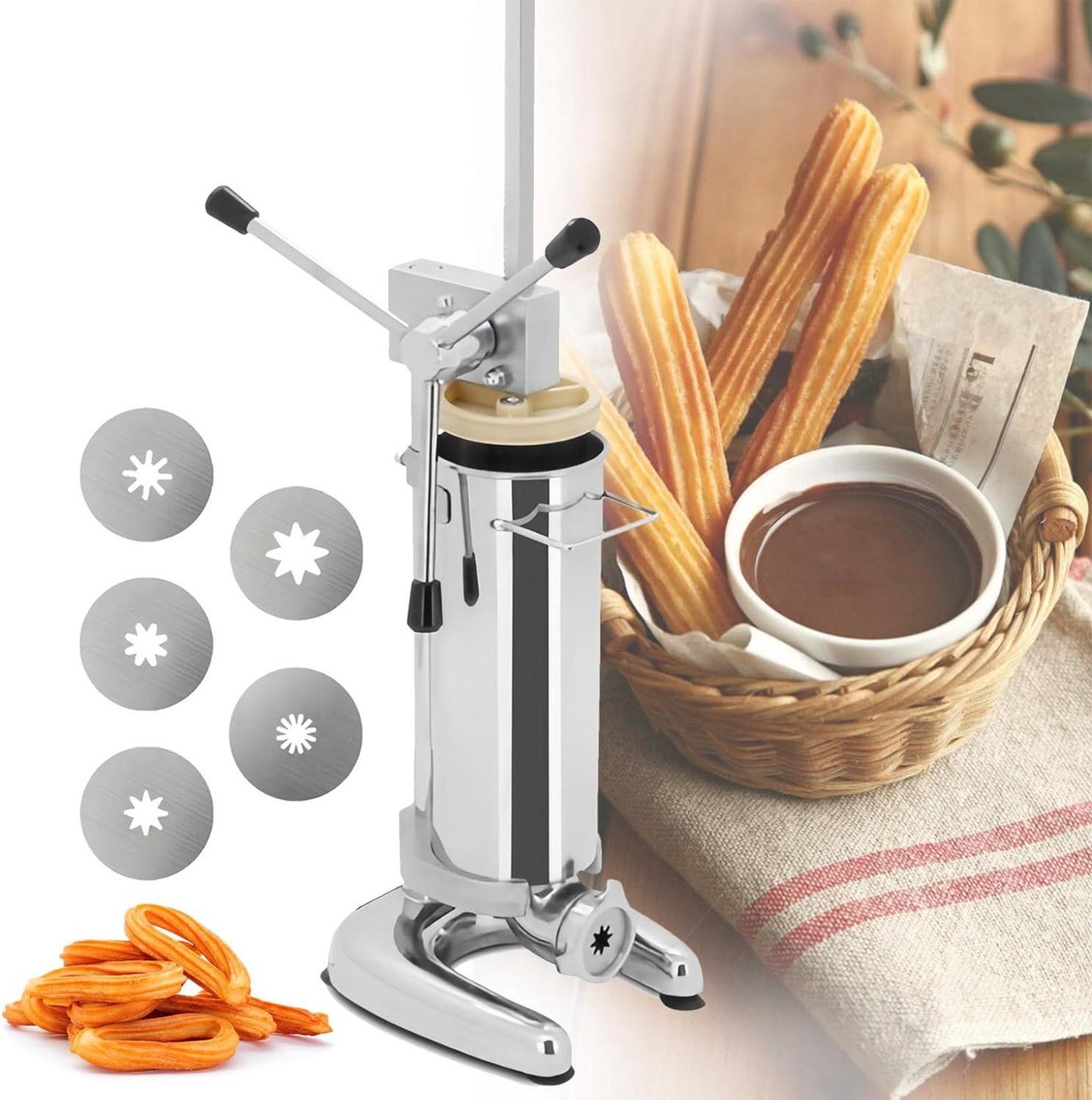Handmatige Churro Maker - Dessert Pers - Zelf Gebak Maken - Vijf Spuitmonden - 3L Capaciteit - Zilverkleurig