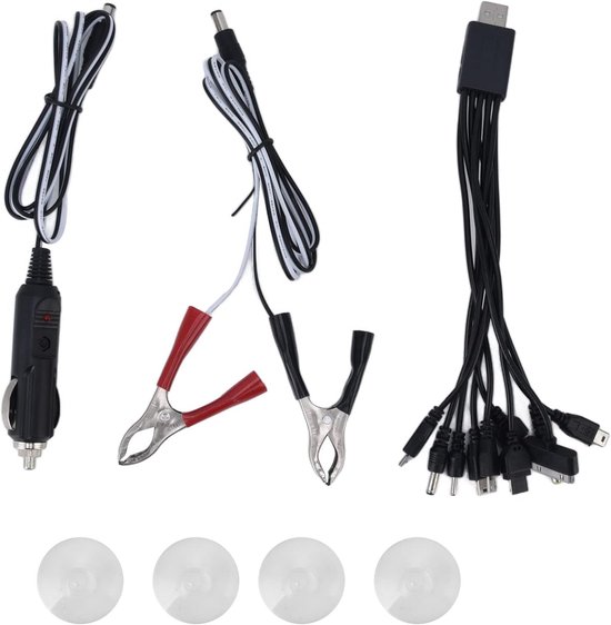 Set kabels met autolader, krokodillenklemmen en meerdere USB-adapters, plus vier zuignappen.