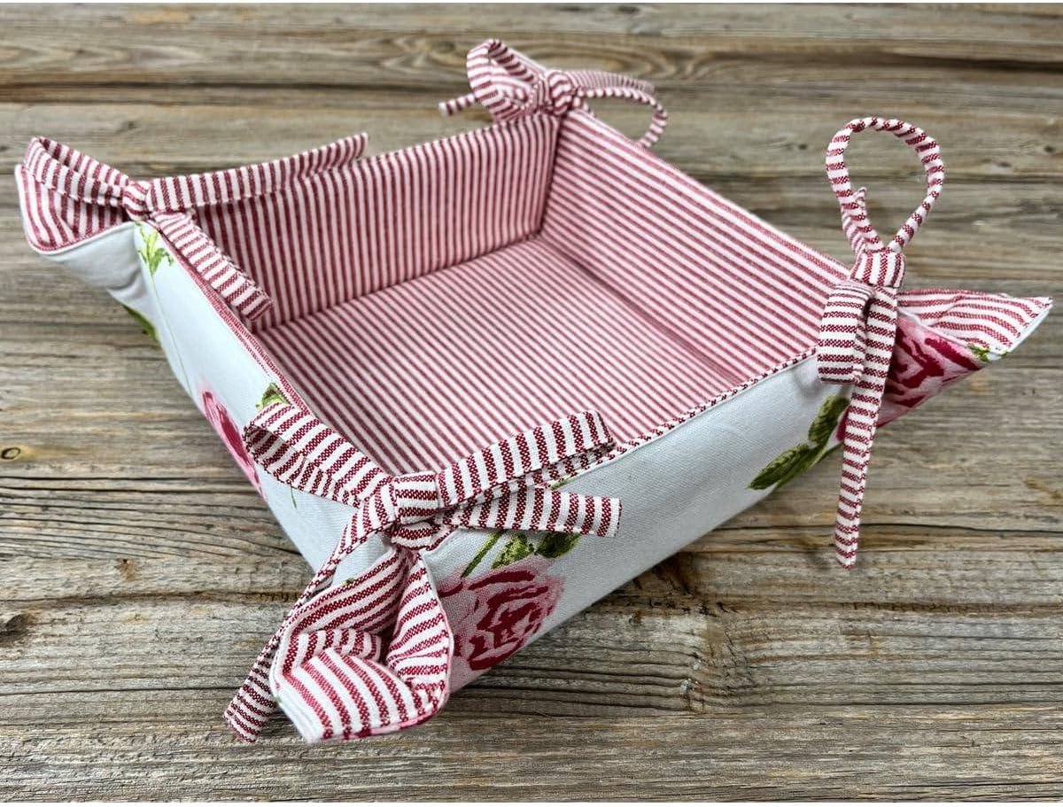 Broodmand stof - Mand met rozenprint - Brood serveren - Wasbaar katoen - Niet gespecificeerd - Wit roze