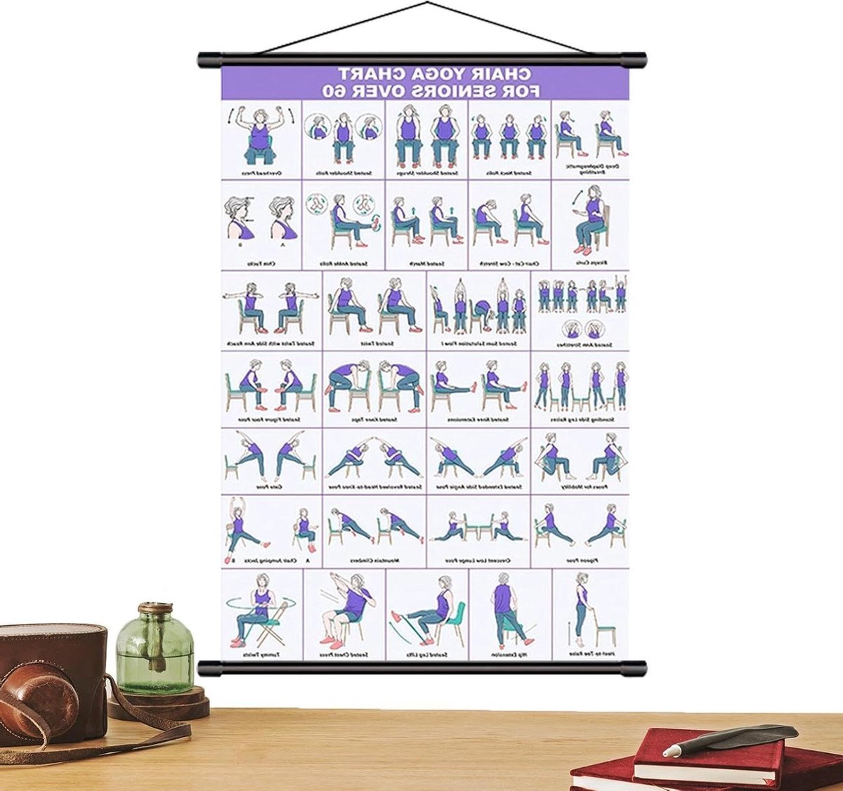 Stoel Oefenposter - Wandbord Mobiliteit - Thuis Fitness - Meer Dan 30 Oefeningen - 40 x 60 cm - Lila