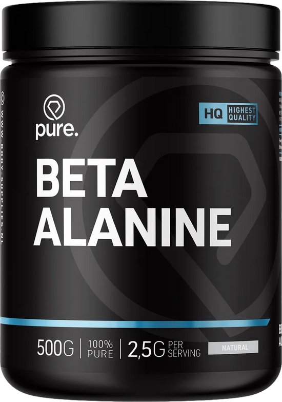 Zwarte pot met Pure. Beta Alanine 500g, 100% puur, 2,5g per serving, natuurlijke smaak.