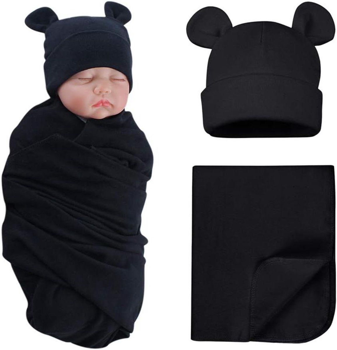 Katoenen inbakerdeken - Babywikkel met muts - Baby comfort - Huidvriendelijk materiaal - 110 x 110 cm - Zwart