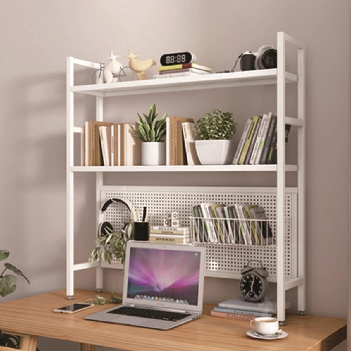 Bureau boekenplank - Bureau organizer - Kantoor organiseren - Stalen frame - 95x22x98 cm - Wit