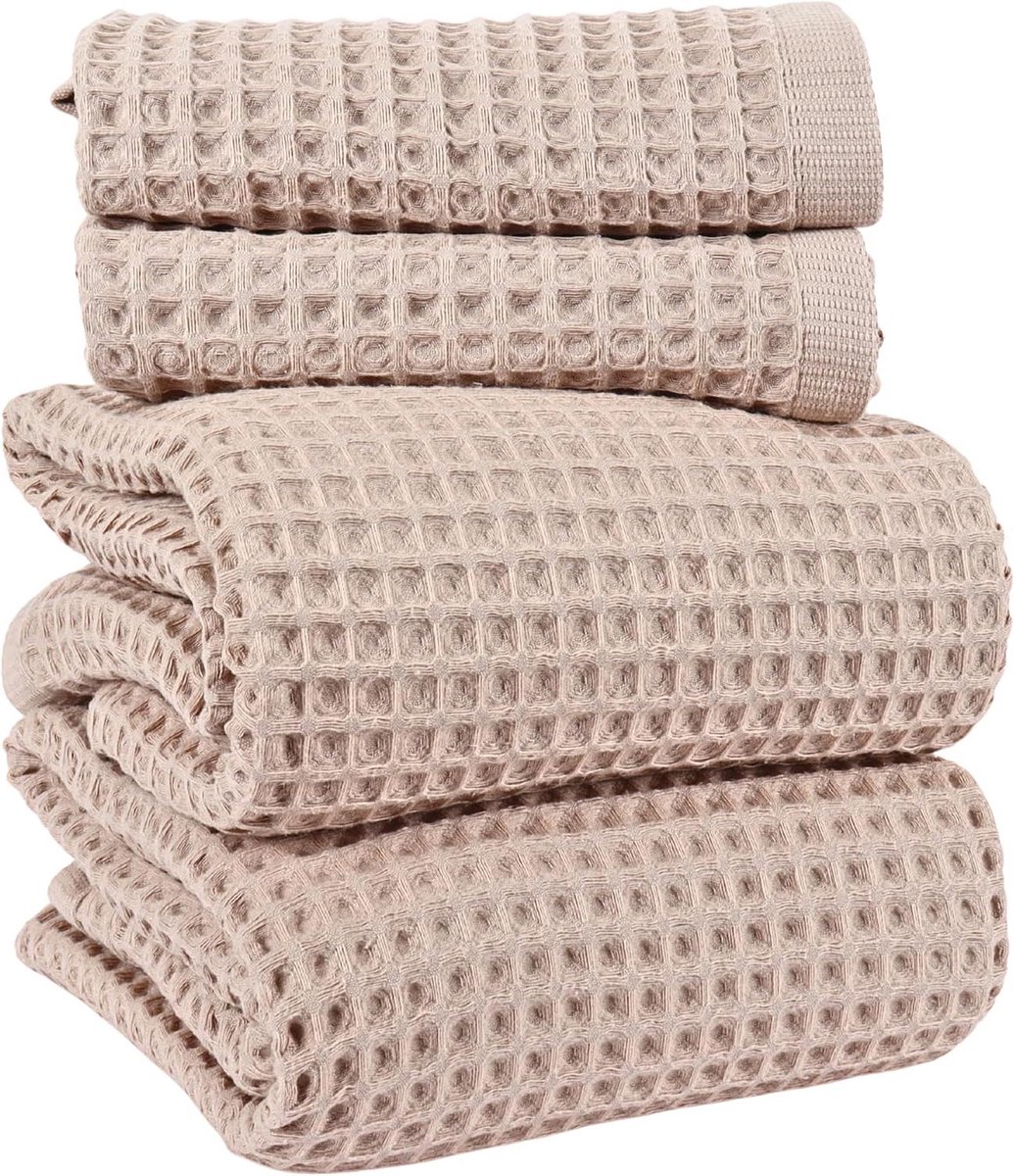 Wafelhanddoeken Set - Turks Katoen - Badkamer Luxe - Honingraat Weefsel - 4 Delig - Beige