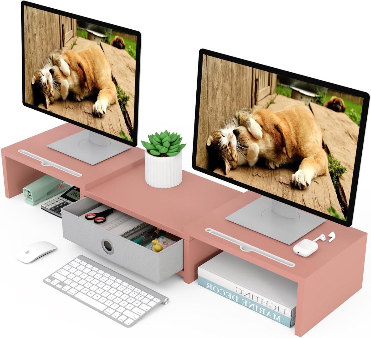 Monitorstandaard met lade - Bureau verhoger - Thuiswerk organiseren - Verstelbare lengte hoek - 3 planken - Wit