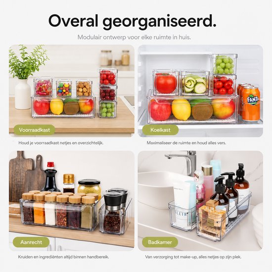 Demonstratie van BOTC keuken organizers in een keukenkast, koelkast, op het aanrecht en in de badkamer.