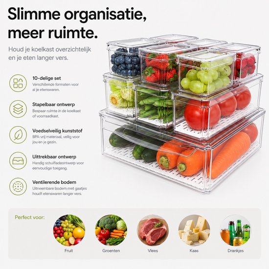 Een stapel BOTC transparante keuken organizers gevuld met fruit, groenten, vlees, kaas en drankjes.