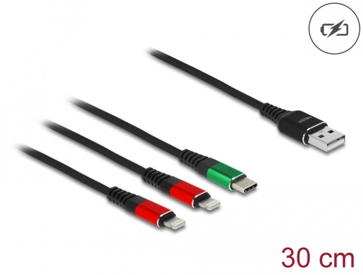 USB oplaadkabel 3 in 1 Type A tot 2 x Lightning / USB Type C 30 cm