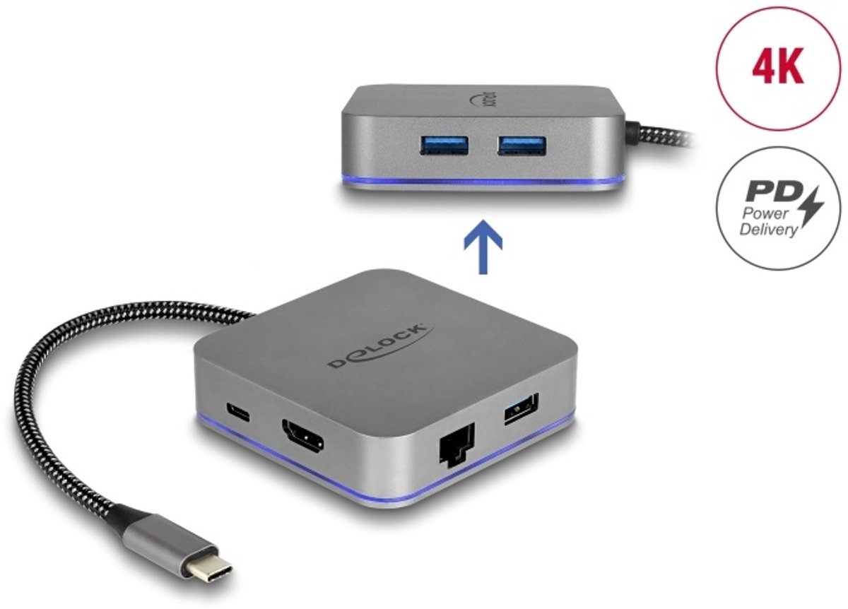 Image of Delock USB Type-C™ Docking Station for Mobile Devices 4K - HDMI / Hub / LAN / PD 3.0 with LED illumination