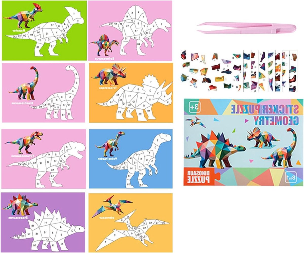 Puzzelboeken Stickers - Genummerde Mozaïek - Creatief Spel - Compact Draagbaar - 8 Stuks - Dinosaurus